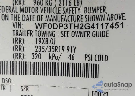 2016 Ford Focus Rs из США, поврежденный, VIN WF0DP3TH2G4117451